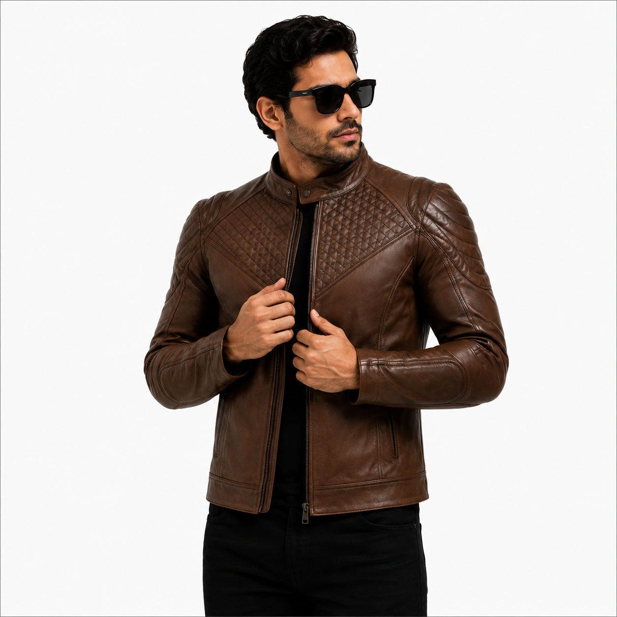 Men's Antique Brown Diamond Quilted Leather Biker Jacket