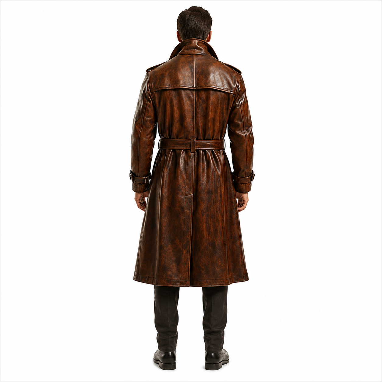 Long Brown Leather Overcoat for Men Back View