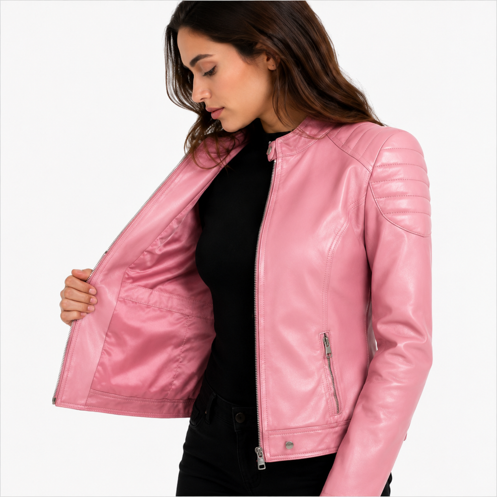 Women's Pastel Dusty Pink Cafe Racer Leather Biker Jacket