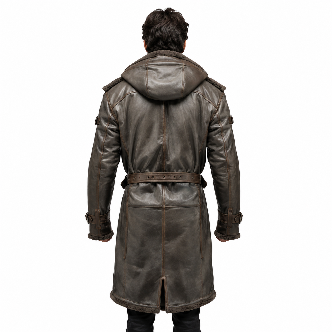 Long Brown Leather Aviator Coat with Shearling Collar