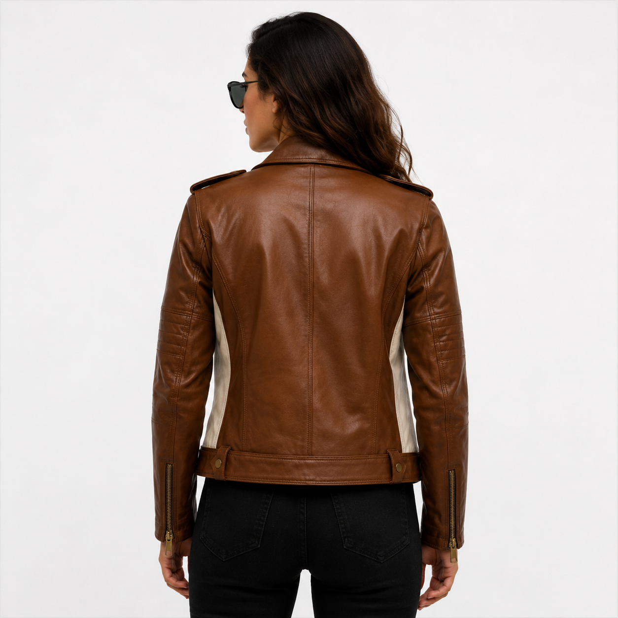 Women's Brown & Cream Biker Leather Jacket