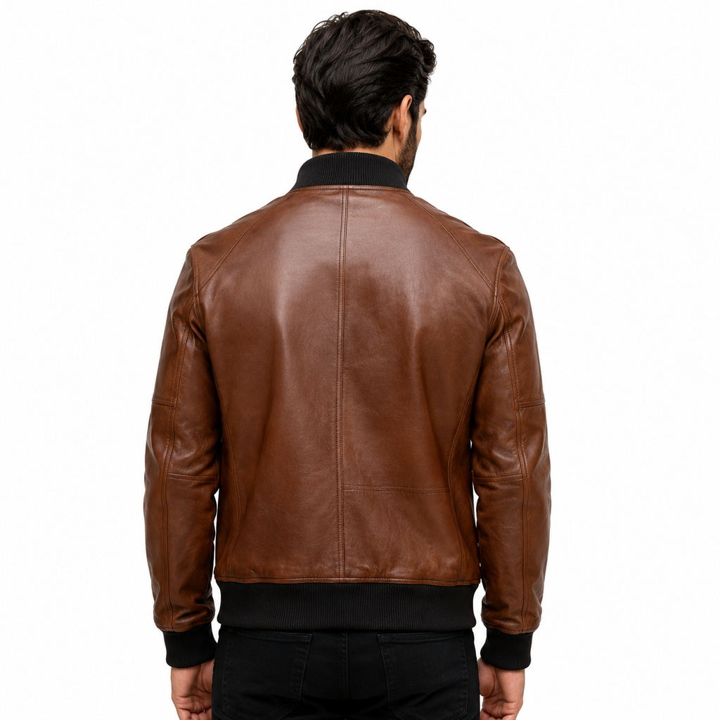Men's brown leather flight bomber jacket