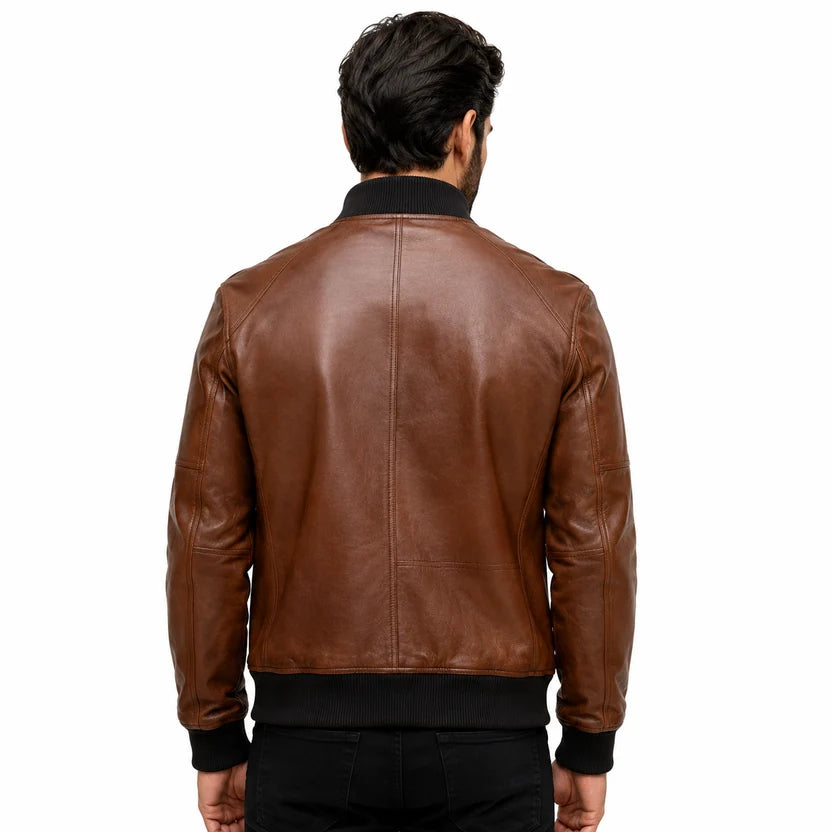 Men's Cognac Brown Leather Bomber Jacket with Ribbed Cuffs