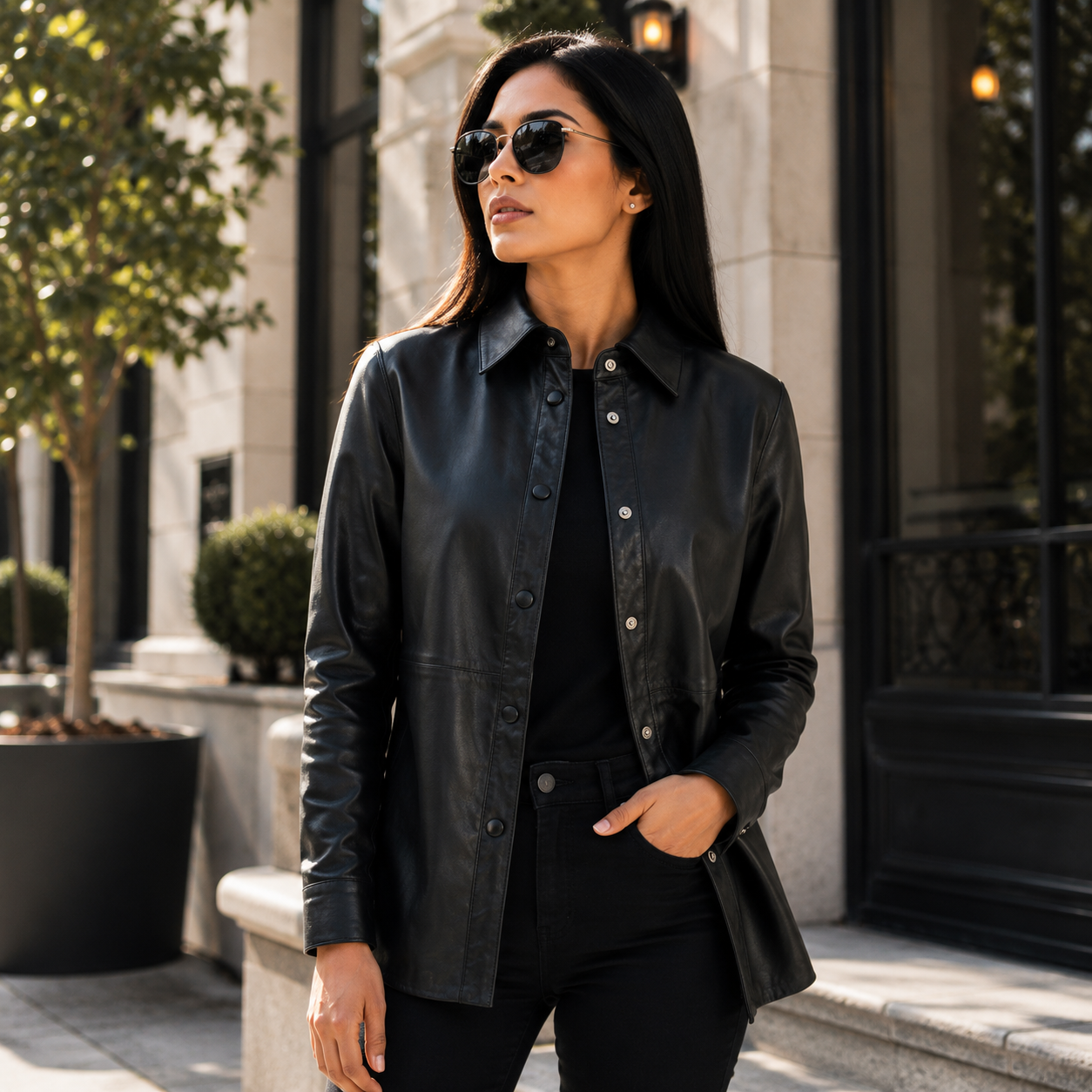 Zenith Black Leather Shirt Jacket