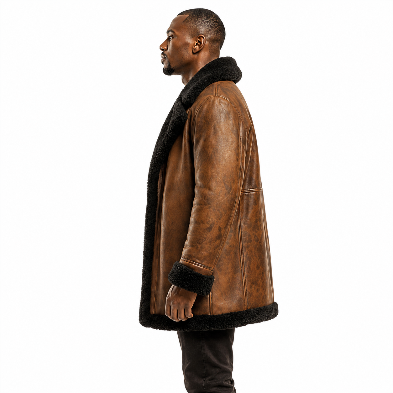 Long Brown Shearling Coat for Men Back View