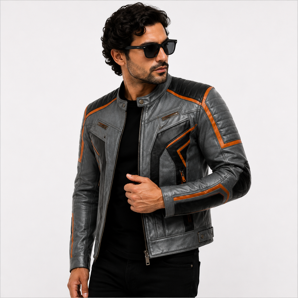 Men's Distressed Grey Cafe Racer Leather Biker Jacket