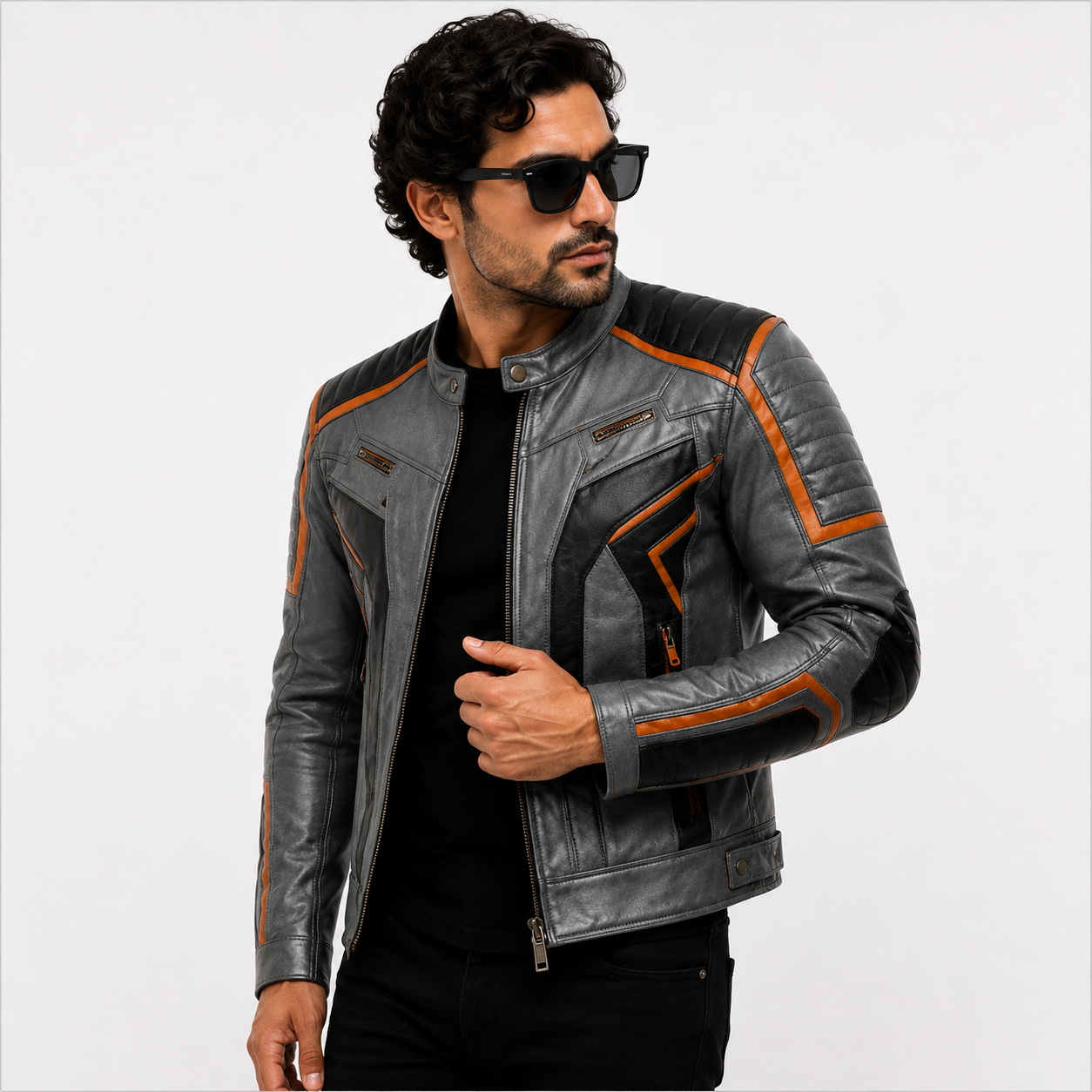 Men's Distressed Grey Cafe Racer Leather Biker Jacket