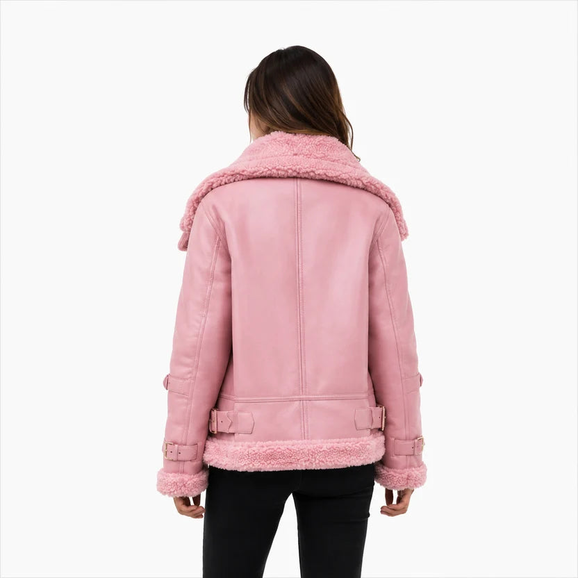 women's pink shearling leather jacket