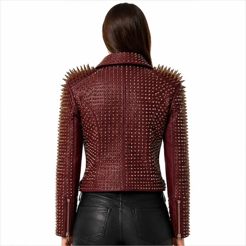 women's burgundy studded leather moto jacket
