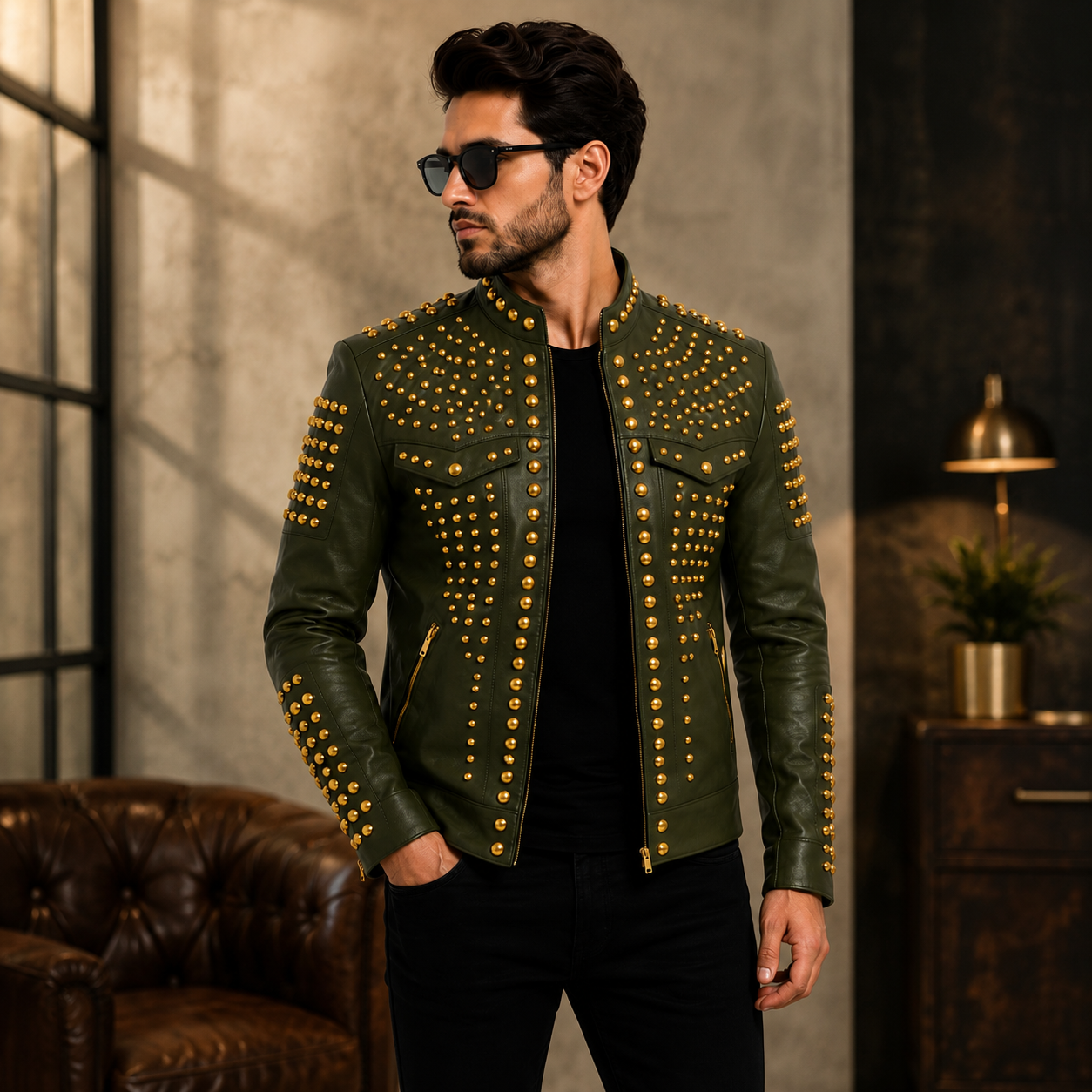Men's Olive Green Studded Leather Jacket