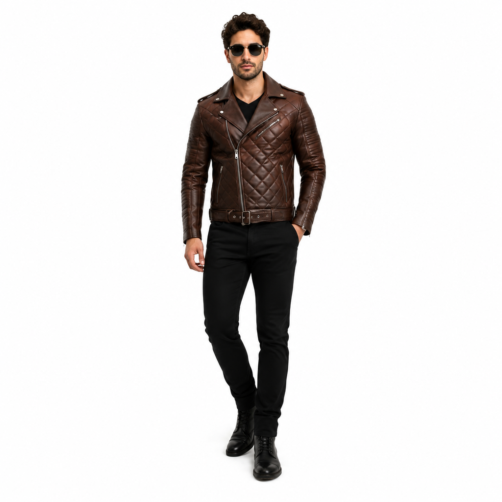 Men's Quilted Biker Brown Leather Jacket