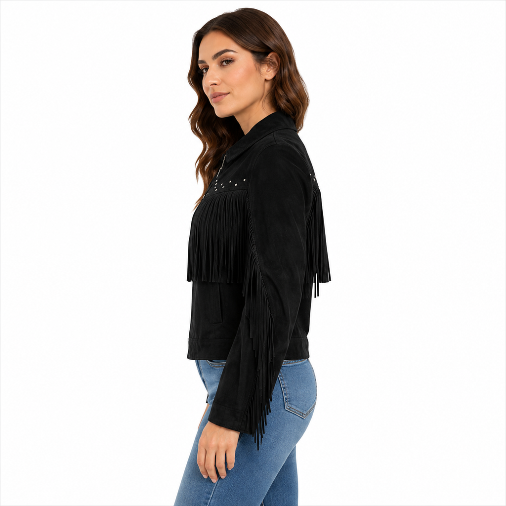 Women's Black Fringe Suede Leather Jacket with Studded Western Style