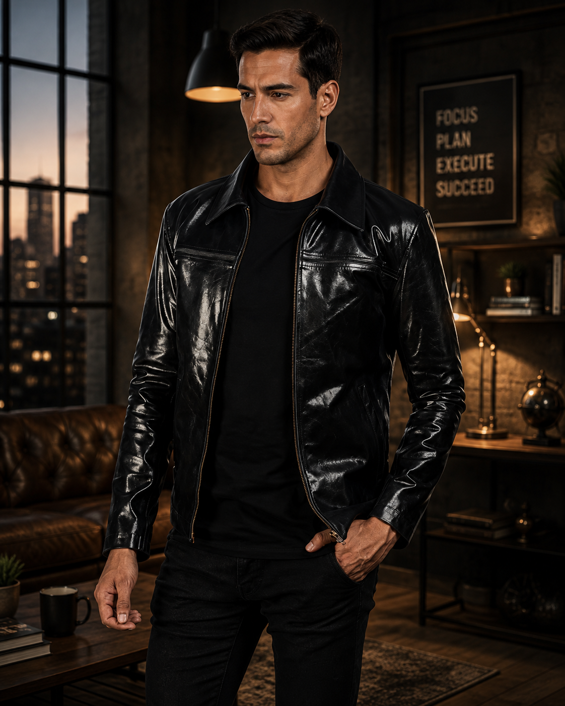 Men's Black Leather Vintage Trucker Jacket