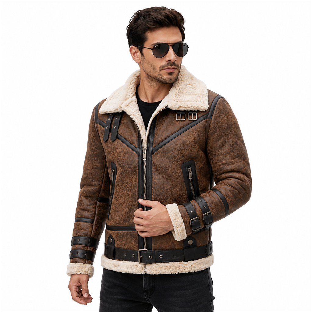 Men's Brown Distressed Shearling Aviator Leather Jacket