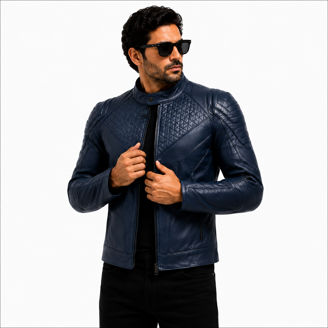 Men's Navy Blue Quilted Racer Leather Jacket
