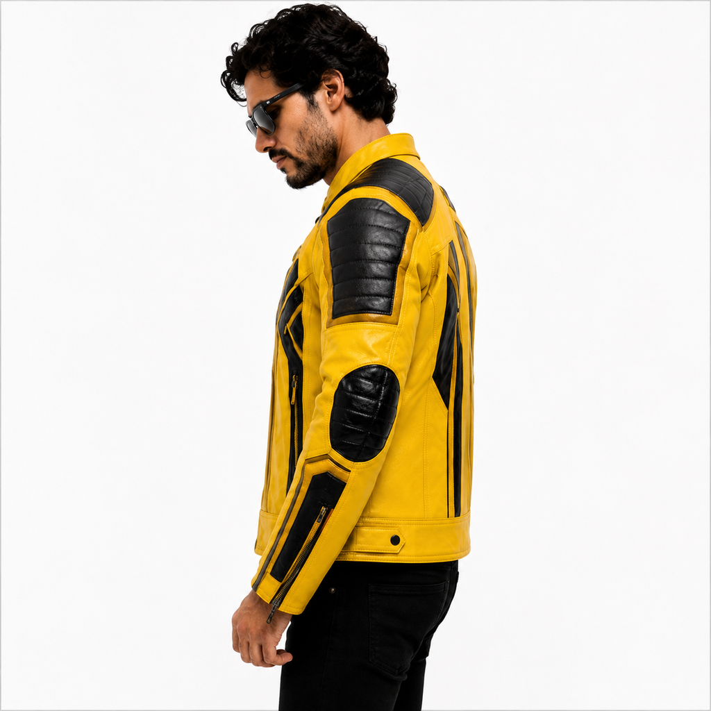 Men's Yellow & Black Racer Leather Jacket