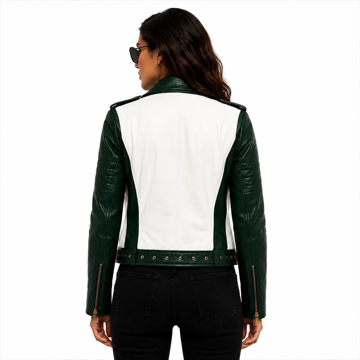 Women's Green & White Biker Leather Jacket