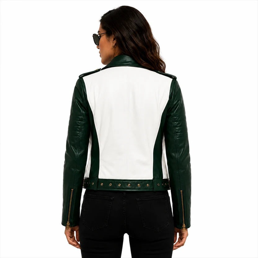 women's green and white genuine leather biker jacket 