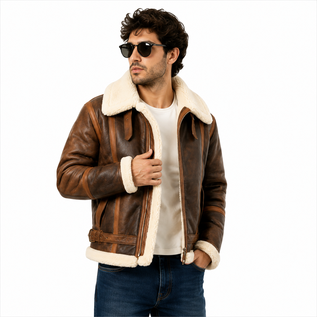 Men's vintage B-3 brown shearling leather aviator jacket