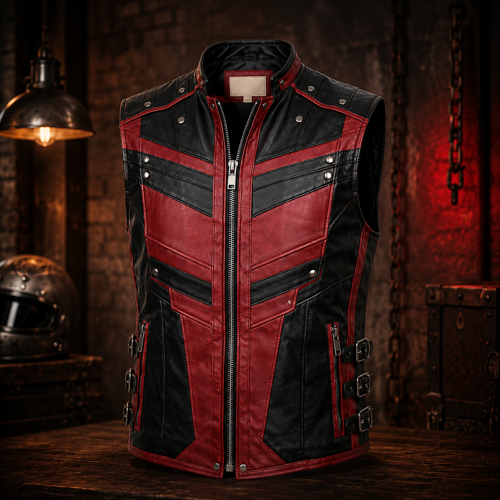 Men's Red & Black Leather Biker Vest