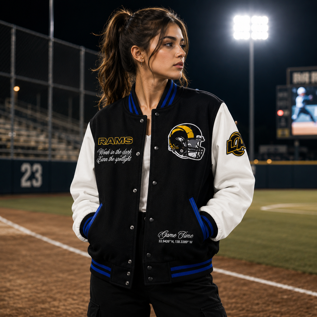 Black and White Los Angeles Rams NFL Varsity Jacket with Helmet Logo
