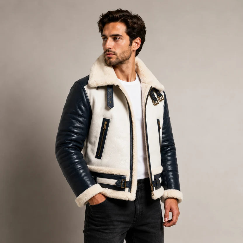 Men's Navy Blue and White Shearling Bomber Jacket