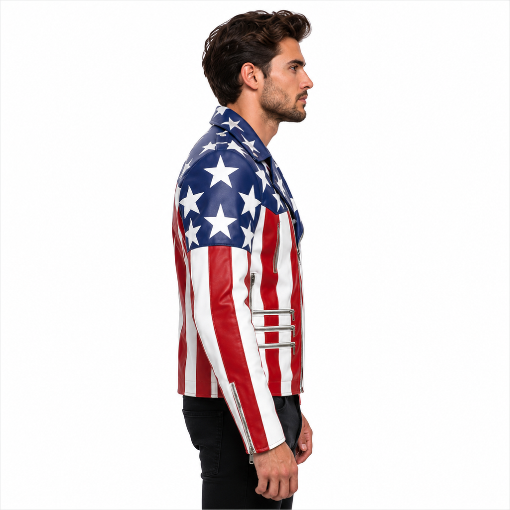 Stars and Stripes Detail on USA Flag Leather Jacket