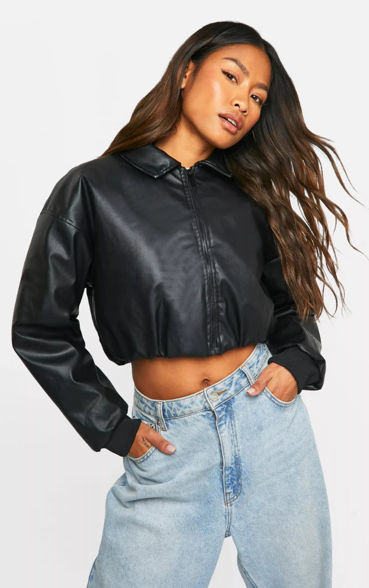 Women's Cropped Faux Leather Bomber Jacket