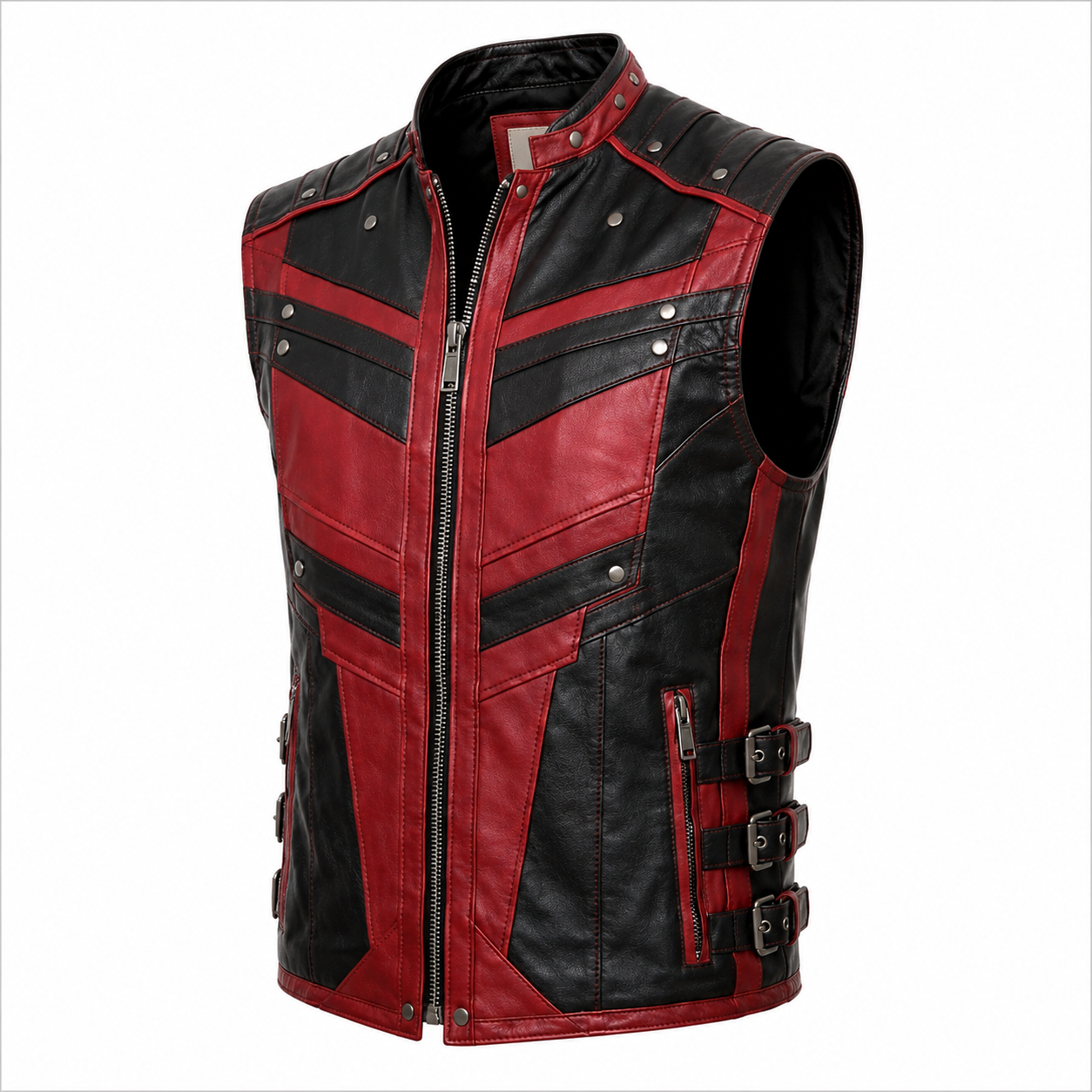 Men's Red & Black Leather Biker Vest
