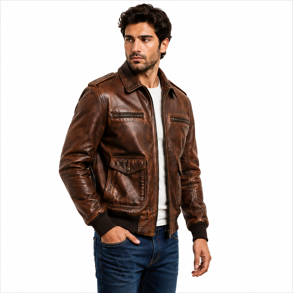 Men's Brown Military Style Leather Bomber Jacket 