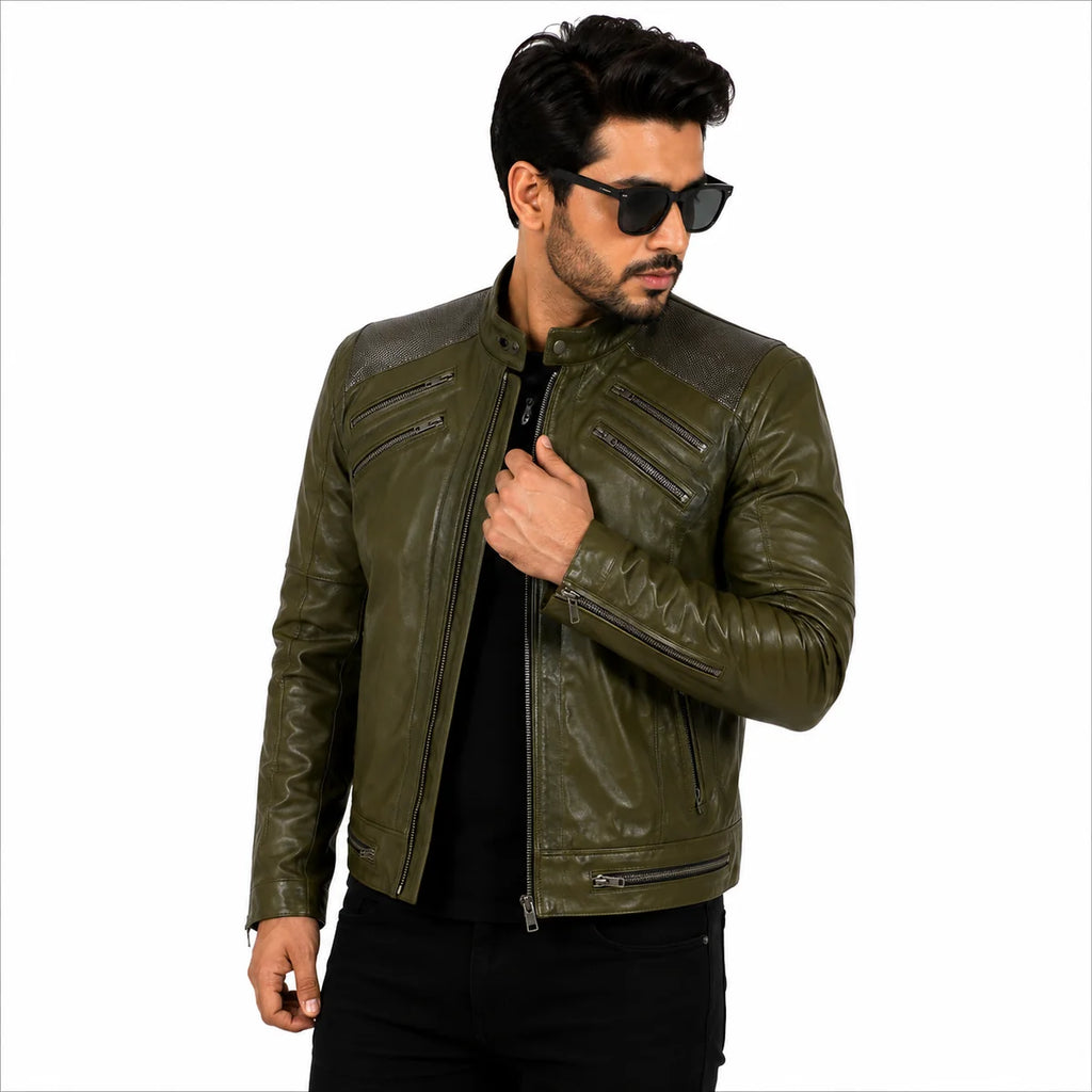 Men's Olive Green Leather Biker Jacket
