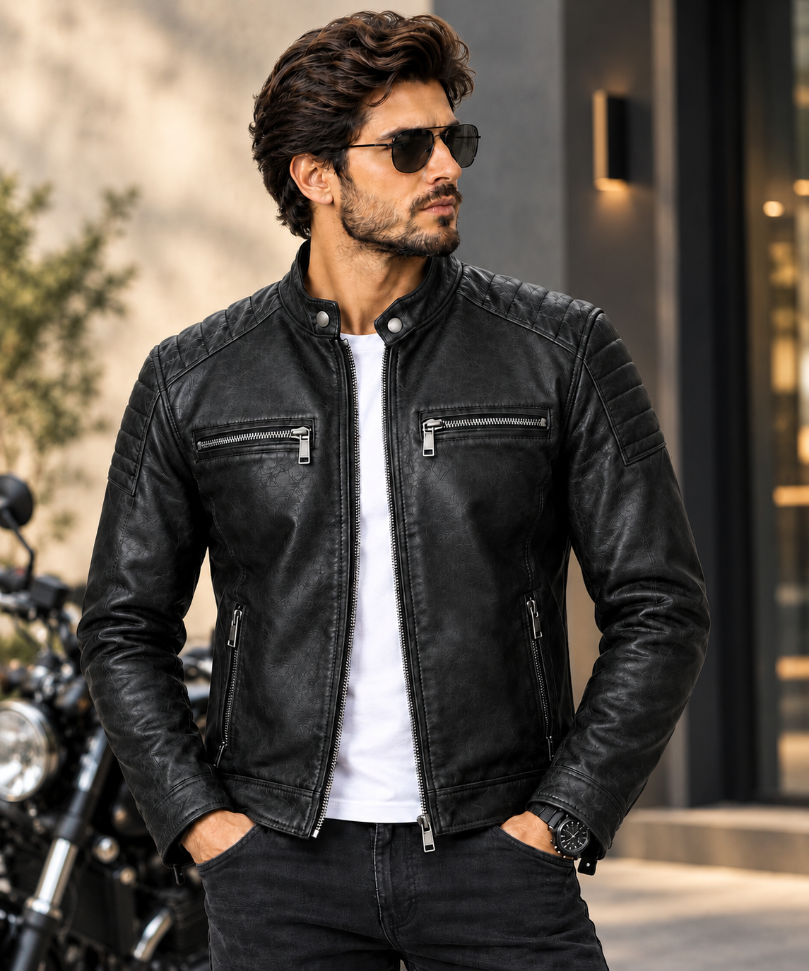 Men's Black Café Racer Leather Jacket Distressed Biker Moto Jacket