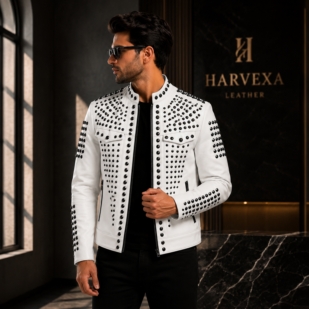 Men's White Studded Biker Leather Jacket