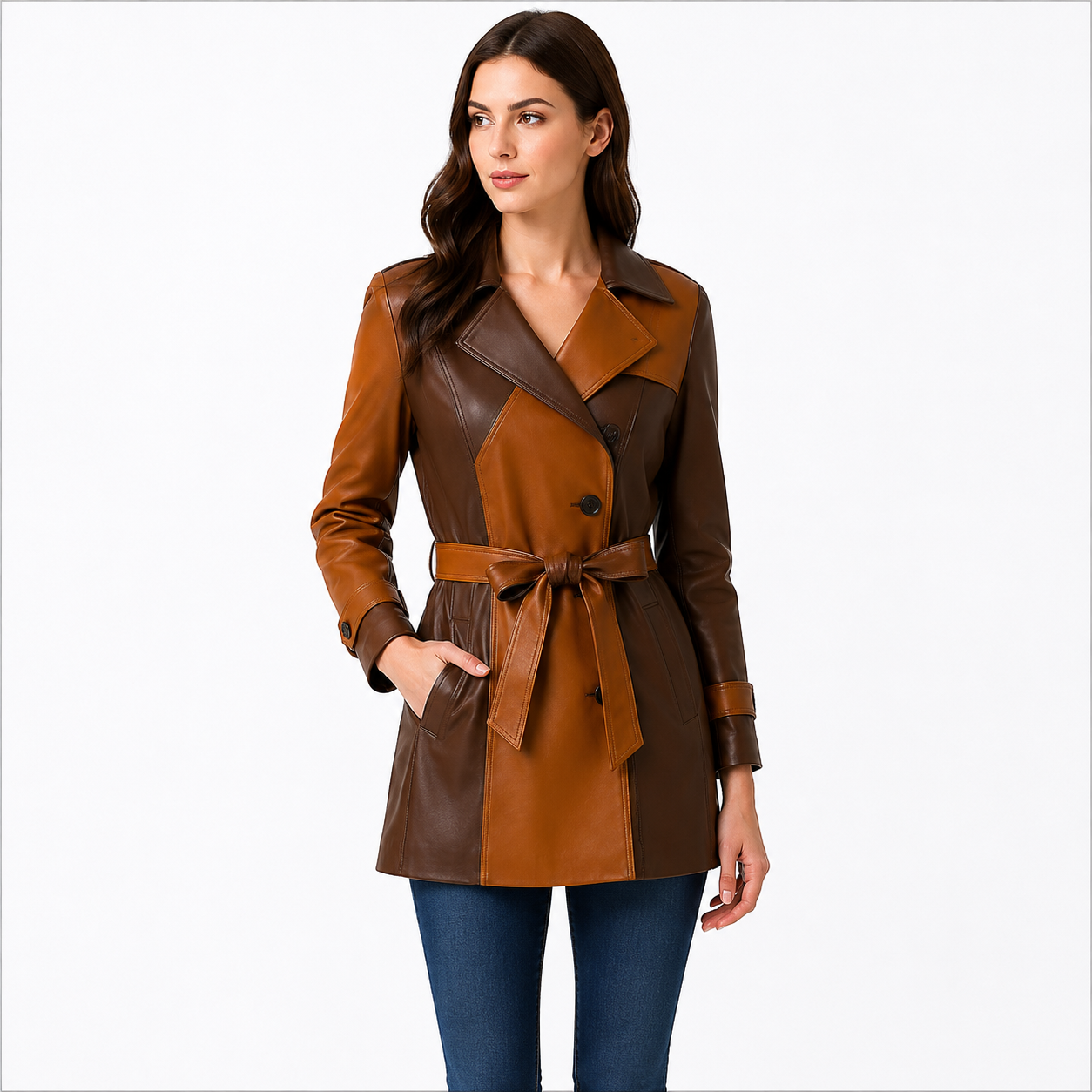 Women's Brown Tan Color Block Belted Genuine Leather Trench Coat Front View