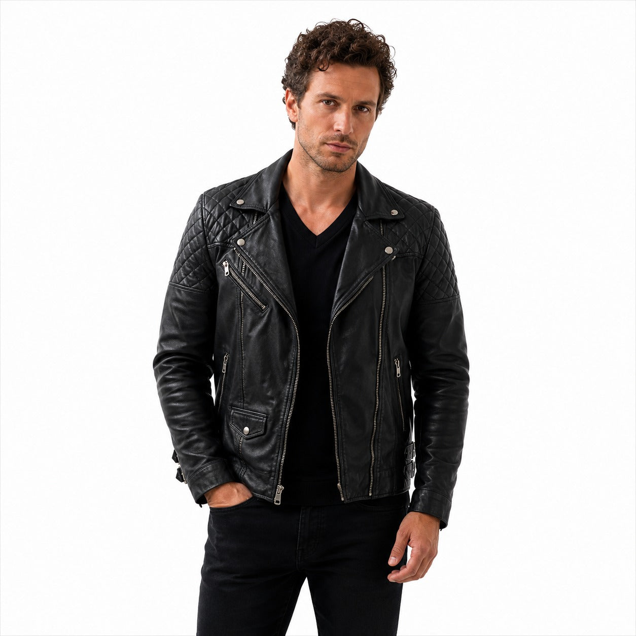 Men's Black Leather Biker Jacket.