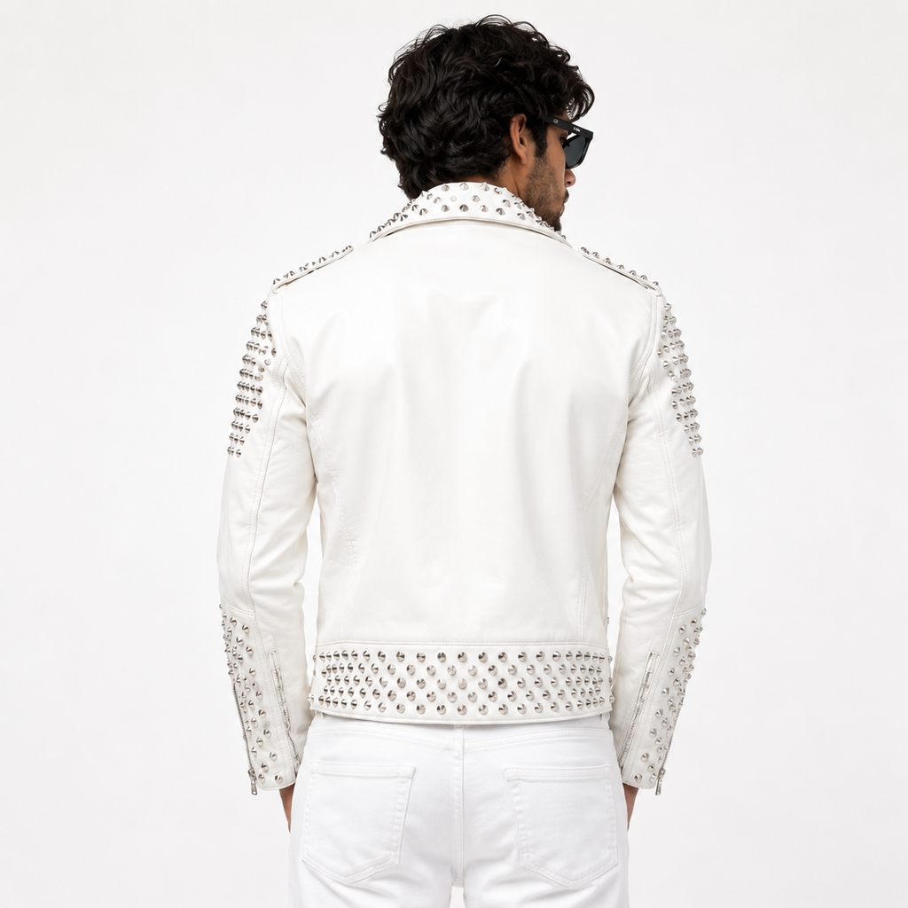 Men's Brando Spike Studded WhiteLeather Biker Jacket