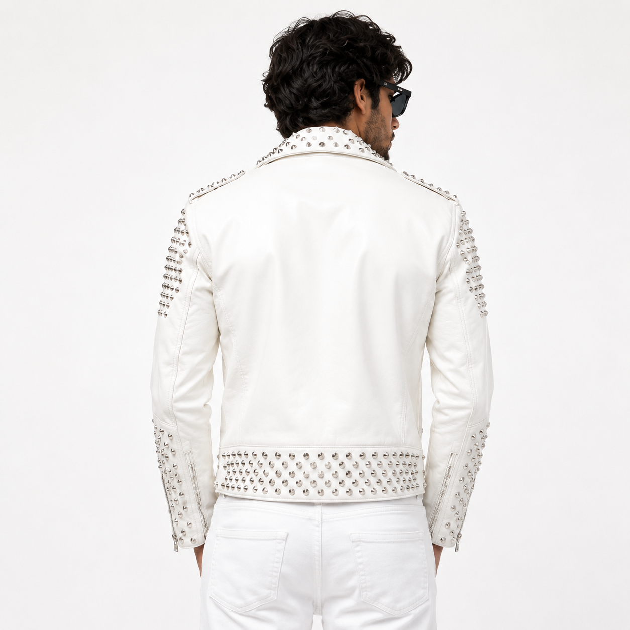 Men's Brando Spike Studded WhiteLeather Biker Jacket