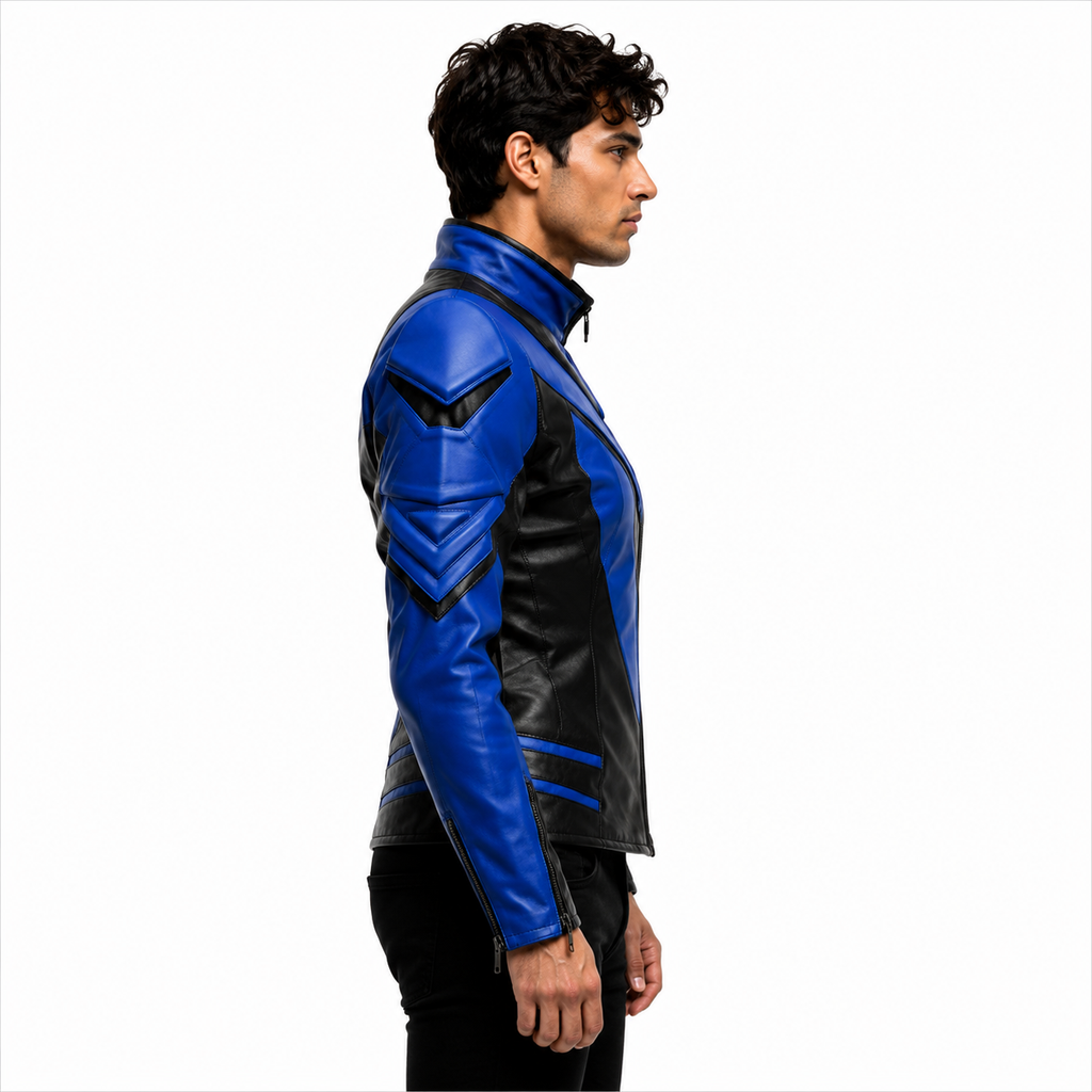 Men's Blue Black Armored Genuine Leather Superhero Jacket