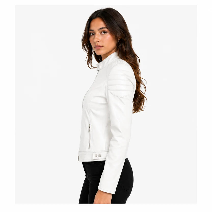 Women's White Genuine Leather Cafe Racer Jacket