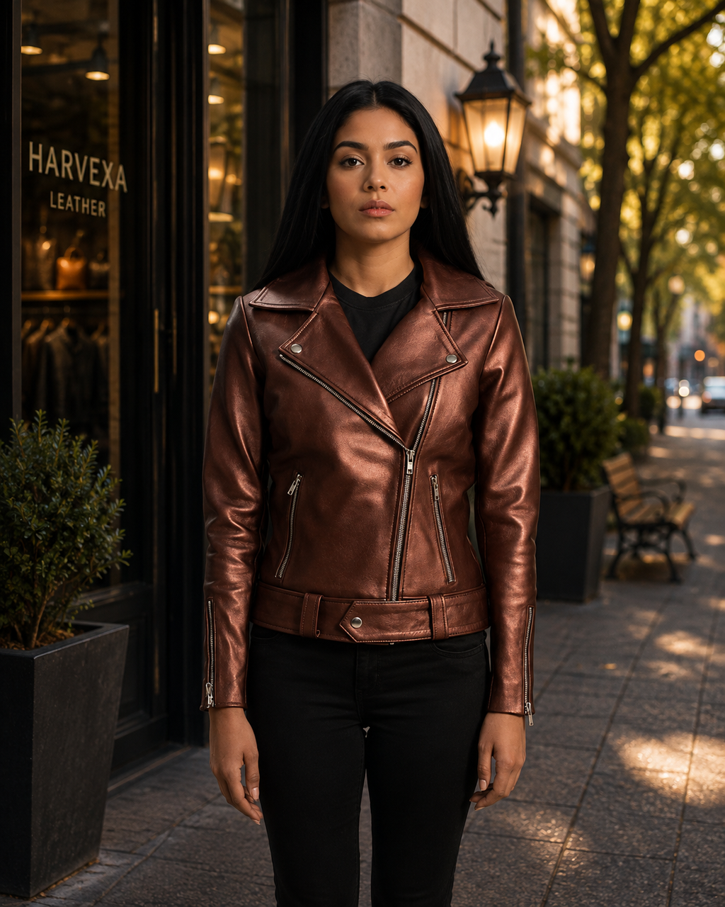 Women's Metallic Bronze Biker Leather Jacket