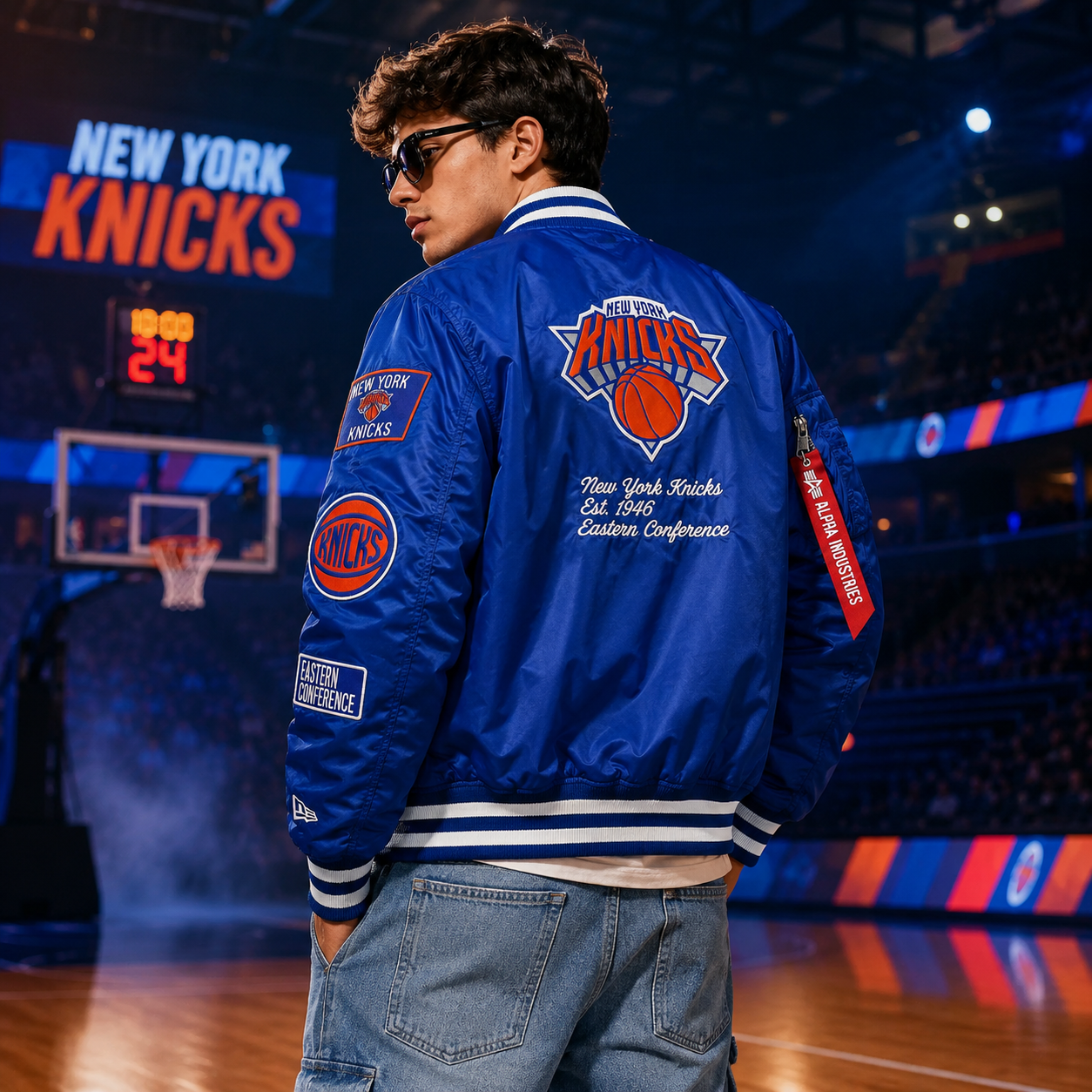 Blue New York Knicks NBA Satin Bomber Jacket with Patches and Logos