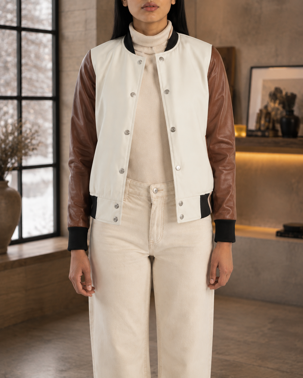Women's Cream Varsity Jacket Streetwear Outfit