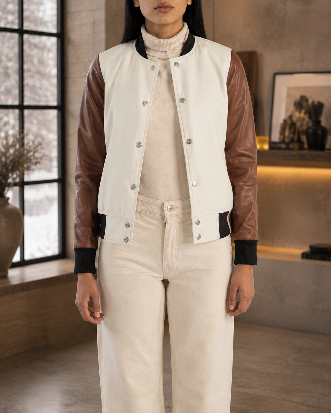 Women's Cream Varsity Jacket Streetwear Outfit