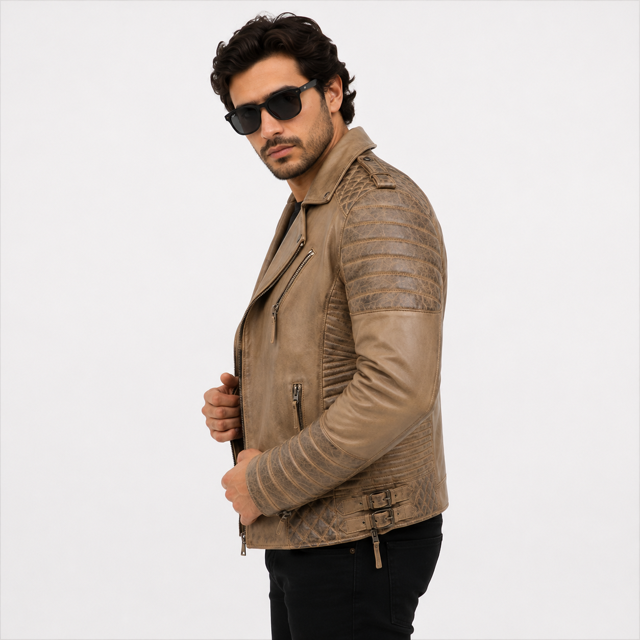Men's Distressed Beige Taupe Asymmetric Leather Biker Jacket