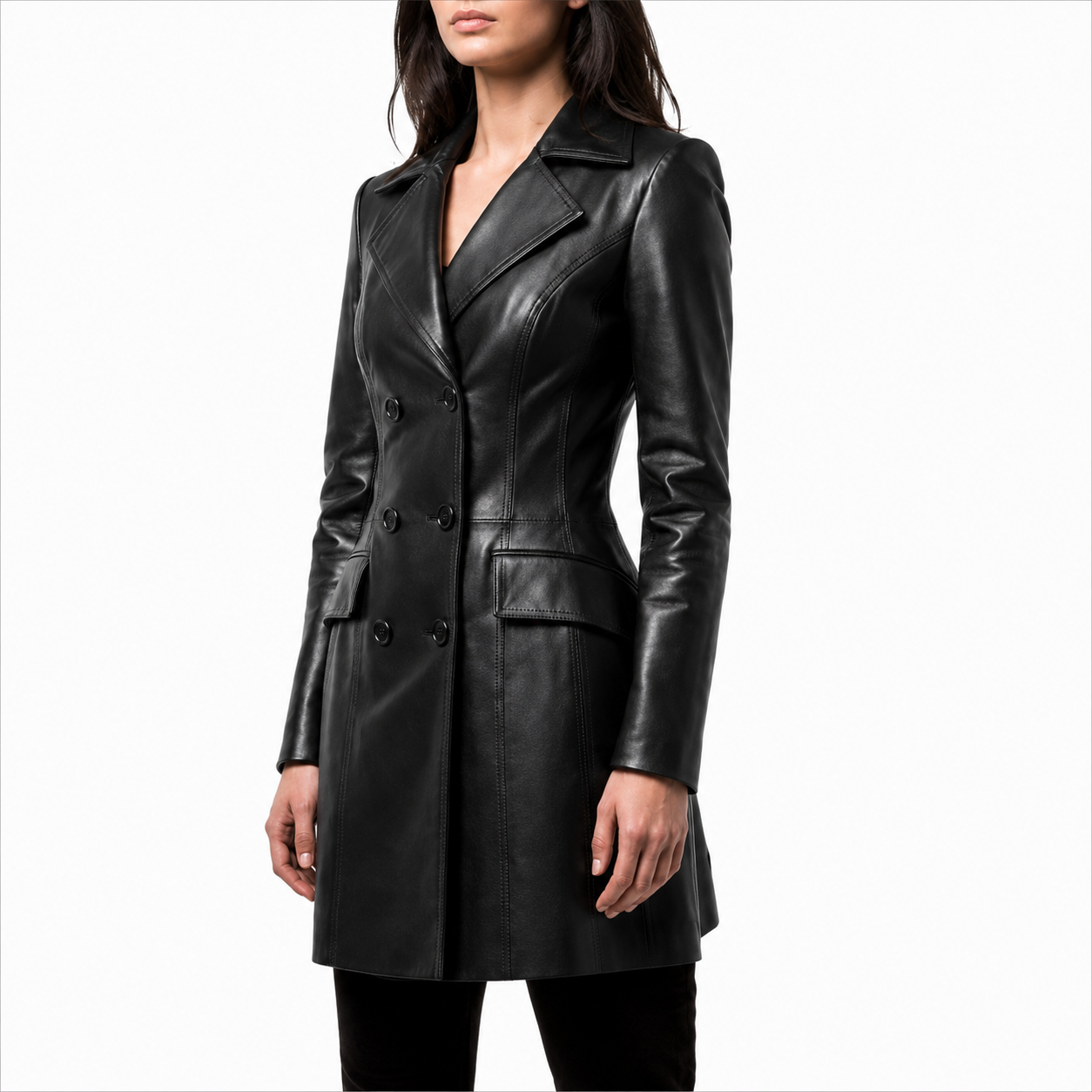 Double-Breasted Button Detail on Black Leather Coat