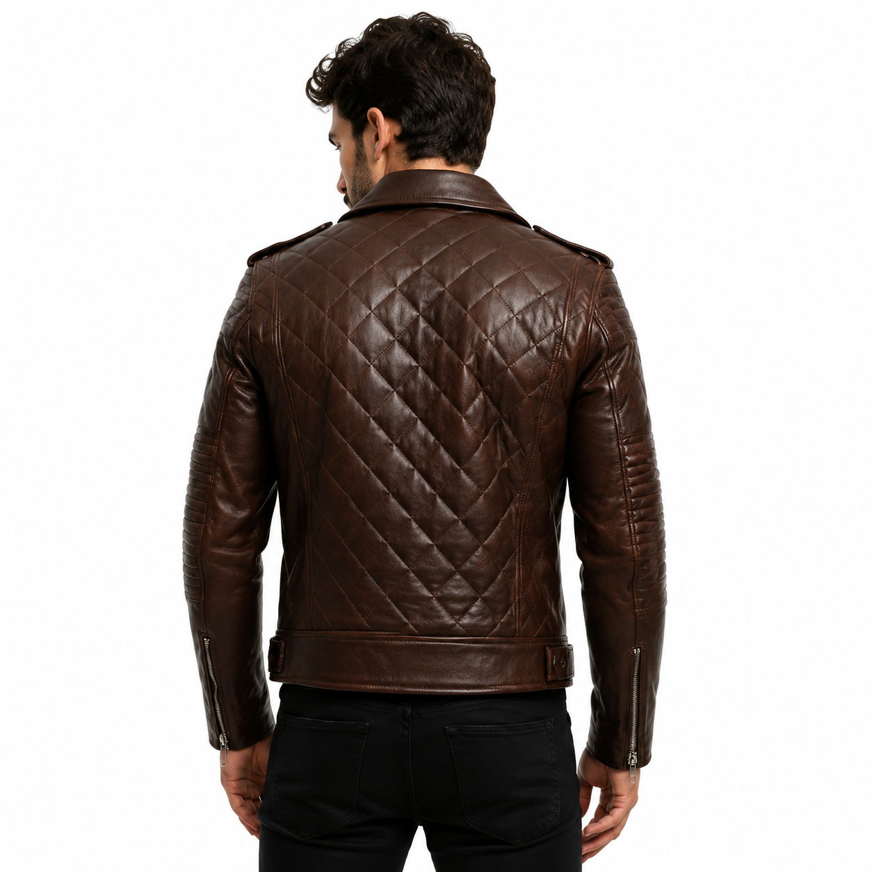 Men's Quilted Biker Brown Leather Jacket