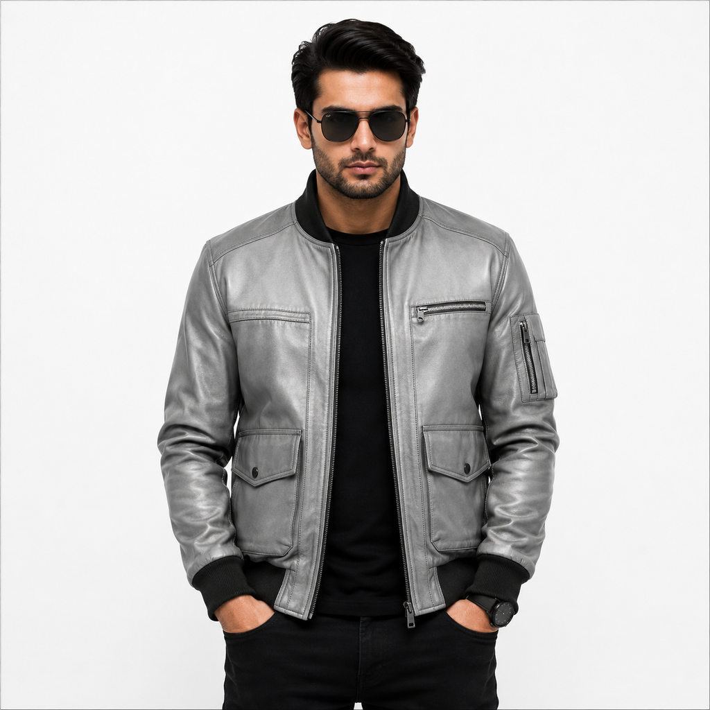 Men's distressed grey leather bomber jacket