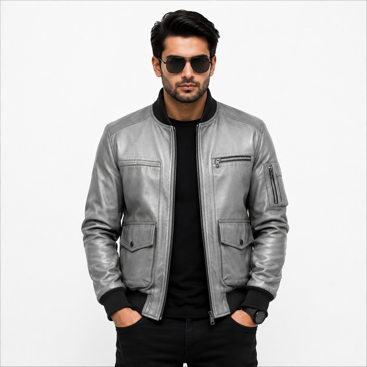 Men's distressed grey leather bomber jacket