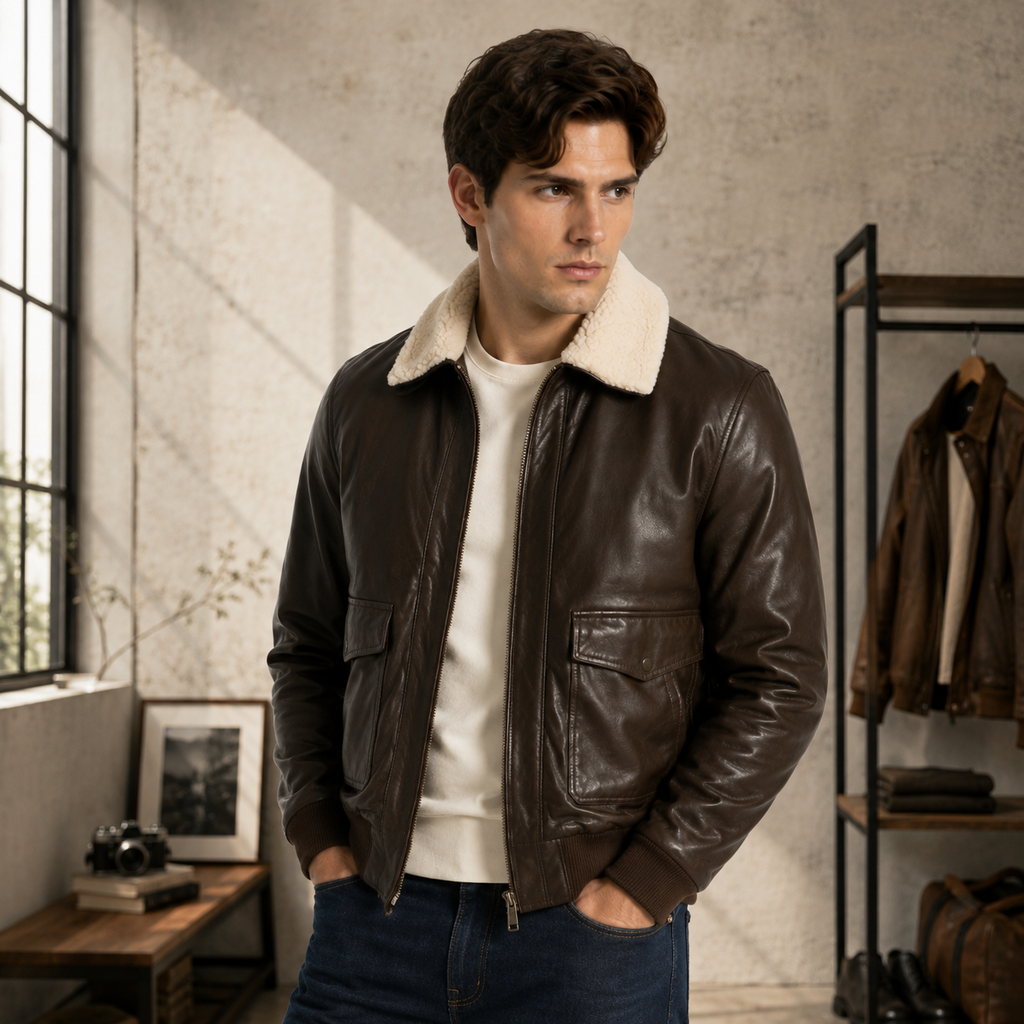 Mens Pilot Brown Bomber Shearling Leather Jacket