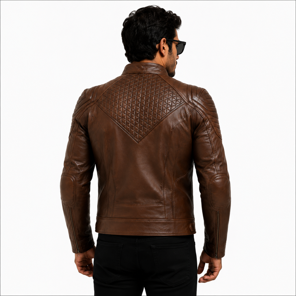 Men's Antique Brown Diamond Quilted Leather Biker Jacket